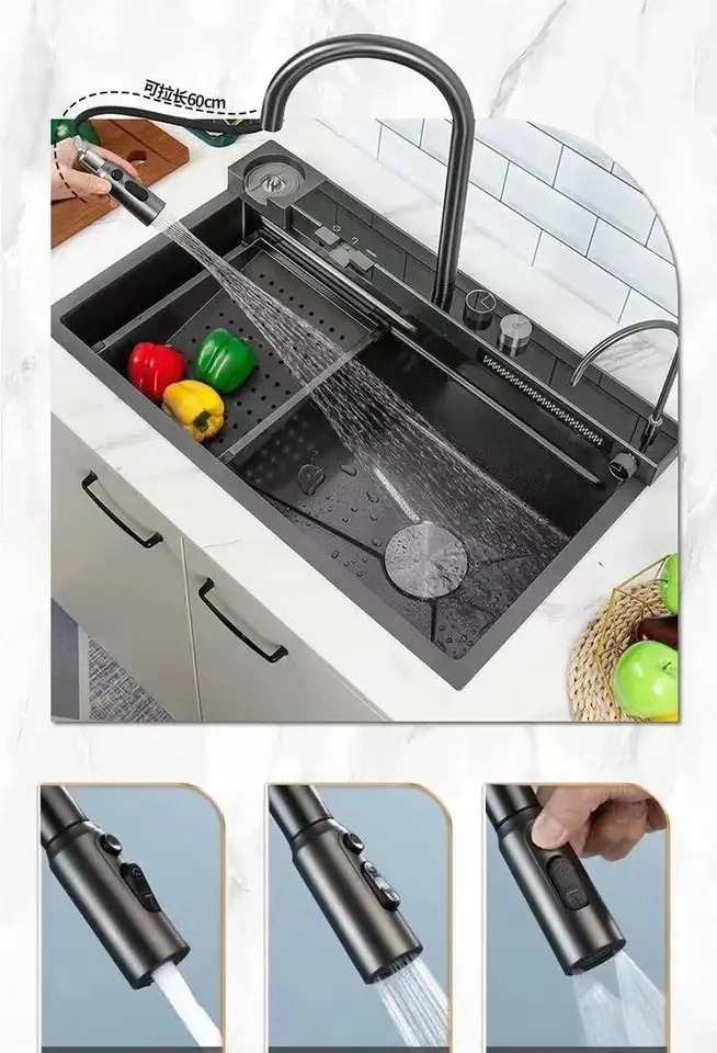 2023 Nano Black Modern Undermount Multifunction Smart Digital 304 Stainless Steel Handmade Farmhouse Single Bowl Waterfall Kitchen Sink